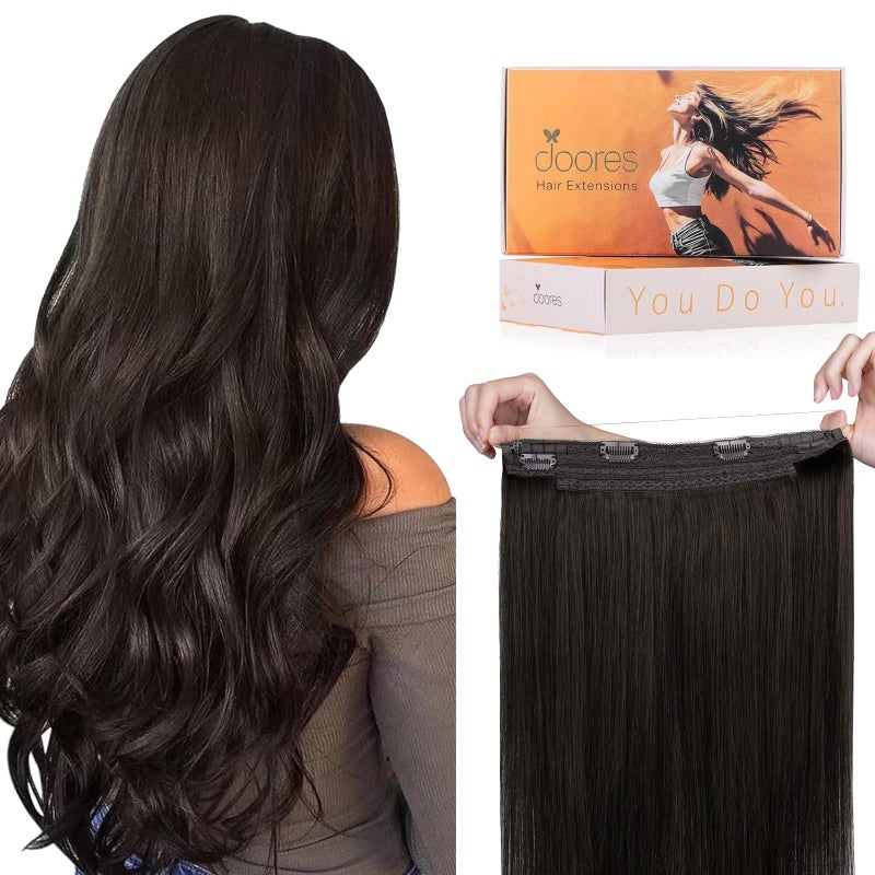 DOORES Wire Hair Extensions 18 Inch 95g Remy Human Wire Hair Extensions Invisible Transparent Line Adjustable Hairpieces Secret Extensions Straight Hair Dark Brown - Image 1