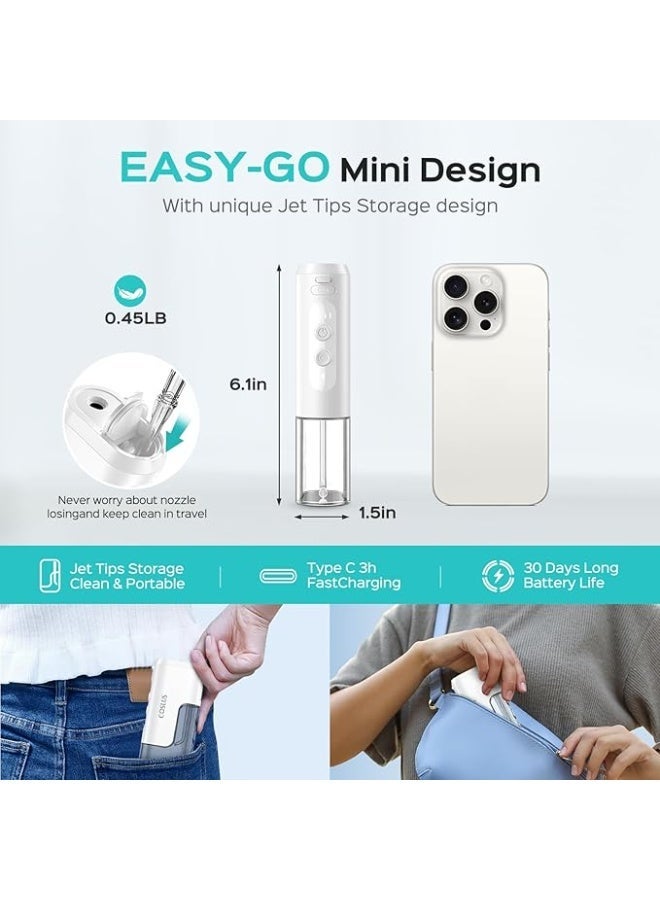 COSLUS Mini Portable Water Flosser for Travel, Cordless Compact Oral Irrigator for Teeth, Braces, Gums Care with 4 Jet Tips & Storable, Rechargeable, Waterproof On-the-Go Use, BPA-Free, White, T40 - Image 2