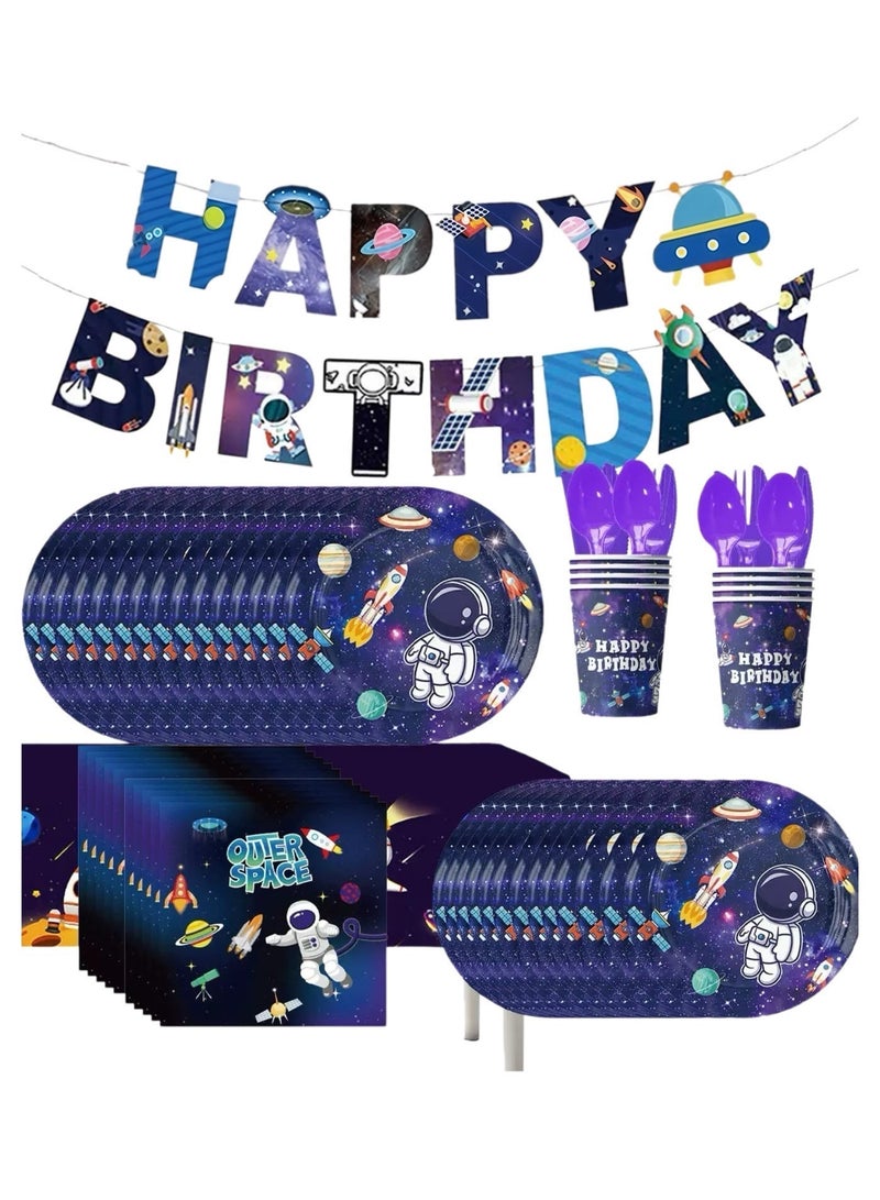 An 82-piece astronaut-themed disposable birthday party set, including placemats, cups, napkins, a tablecloth, spoons and forks, pennants, straws, and plates, serving 10 guests - Image 1