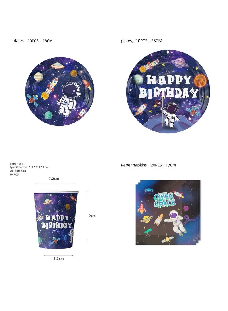 An 82-piece astronaut-themed disposable birthday party set, including placemats, cups, napkins, a tablecloth, spoons and forks, pennants, straws, and plates, serving 10 guests - Image 5