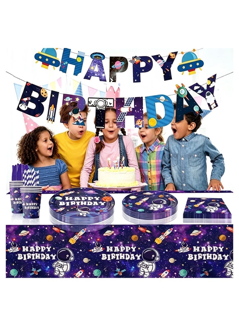 An 82-piece astronaut-themed disposable birthday party set, including placemats, cups, napkins, a tablecloth, spoons and forks, pennants, straws, and plates, serving 10 guests - Image 3