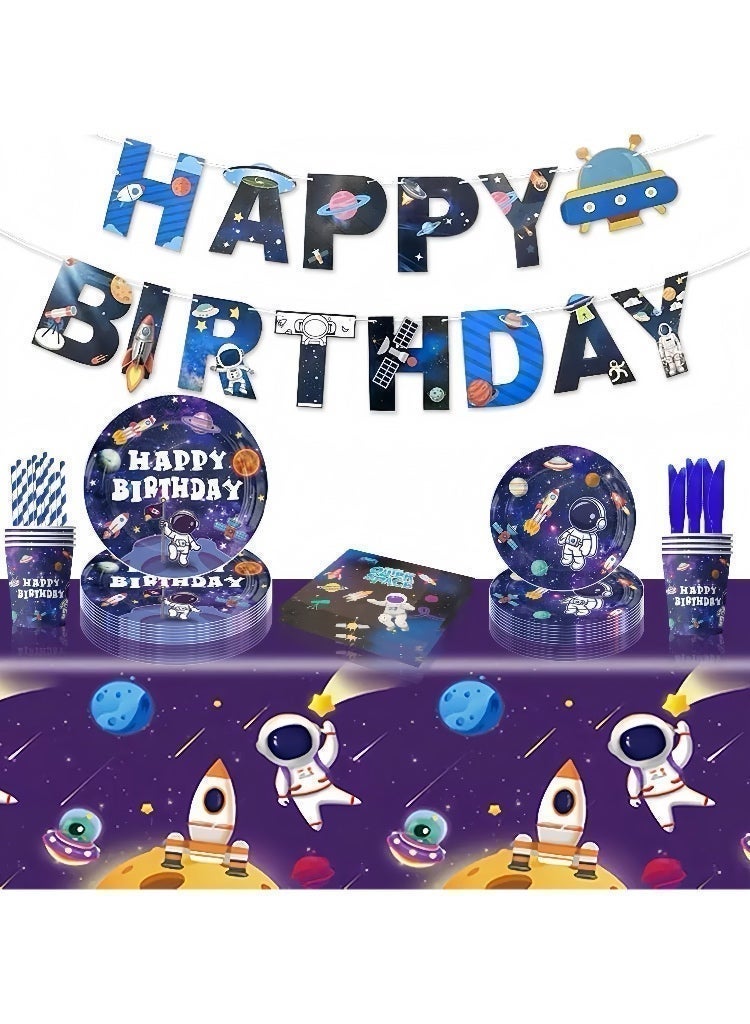 An 82-piece astronaut-themed disposable birthday party set, including placemats, cups, napkins, a tablecloth, spoons and forks, pennants, straws, and plates, serving 10 guests - Image 4