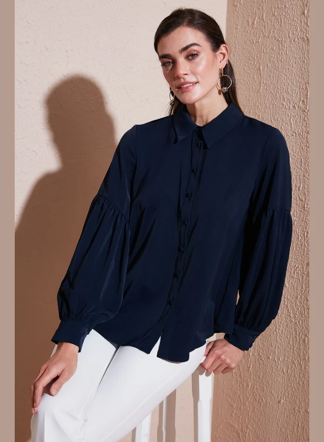 Lela Lela Regular Fit Stitching Detail Plain Collar Balloon Sleeve Shirt Women's SHIRT 611GO00003