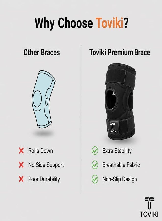 TOVIKI 2 Pc Knee Brace for Men & Women | Adjustable Hinged Knee Cap for Knee Pain Relief | Open Patella Neoprene Knee Support for Gym, Sports & Arthritis | Knee Brace for Ligament Tear | Universal Size (Black) - Image 5