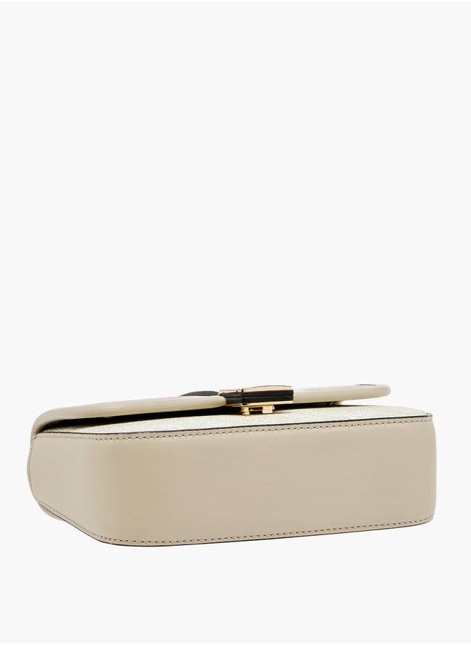 Women Monogram Print Crossbody Bag with Button Closure and Adjustable Strap