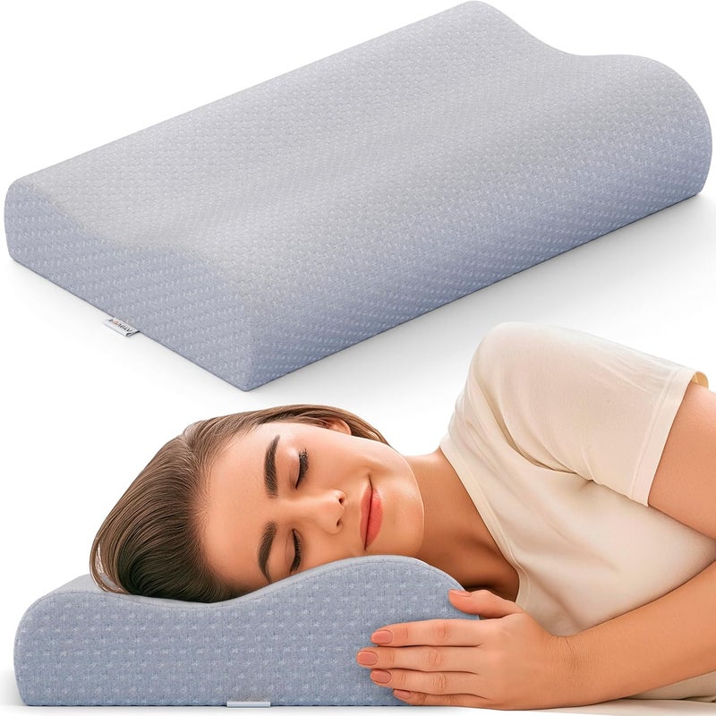 FOverA وسادة عنق لتخفيف آلام الرقبة | ضمان لمدة 2 سنوات | وسادة دعم عنق طبية من فوم الذاكرة مع تهوية مبردة للنوم، آلام الرقبة والكتف (قياسي - 18x11x3.5 بوصة، رمادي) - Image 1