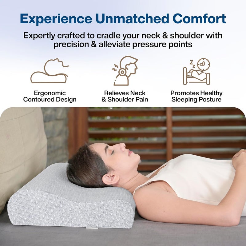 FOverA وسادة عنق لتخفيف آلام الرقبة | ضمان لمدة 2 سنوات | وسادة دعم عنق طبية من فوم الذاكرة مع تهوية مبردة للنوم، آلام الرقبة والكتف (قياسي - 18x11x3.5 بوصة، رمادي) - Image 2