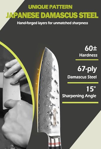 YOUSUNLONG Santoku Knife 5 inch Cutlery Knives Japanese 67 Layers Hammered Damascus Steel with Natural Leadwood - Image 2