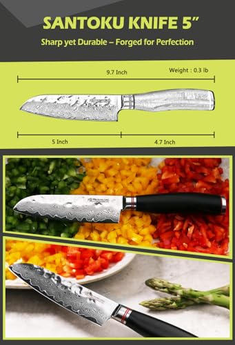 YOUSUNLONG Santoku Knife 5 inch Cutlery Knives Japanese 67 Layers Hammered Damascus Steel with Natural Leadwood - Image 5