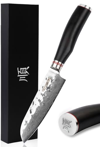 YOUSUNLONG Santoku Knife 5 inch Cutlery Knives Japanese 67 Layers Hammered Damascus Steel with Natural Leadwood - Image 1