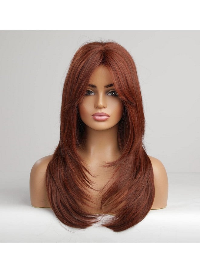 Vedar Auburn Red Wigs With Bangs Copper Red Wigs For Women Shoulder Length Synthetic Hair Red Full Wig Middle Length Straight Hair Wig 20 Inch Vedar235 - Image 3