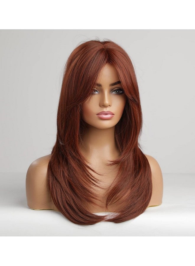 Vedar Auburn Red Wigs With Bangs Copper Red Wigs For Women Shoulder Length Synthetic Hair Red Full Wig Middle Length Straight Hair Wig 20 Inch Vedar235 - Image 4