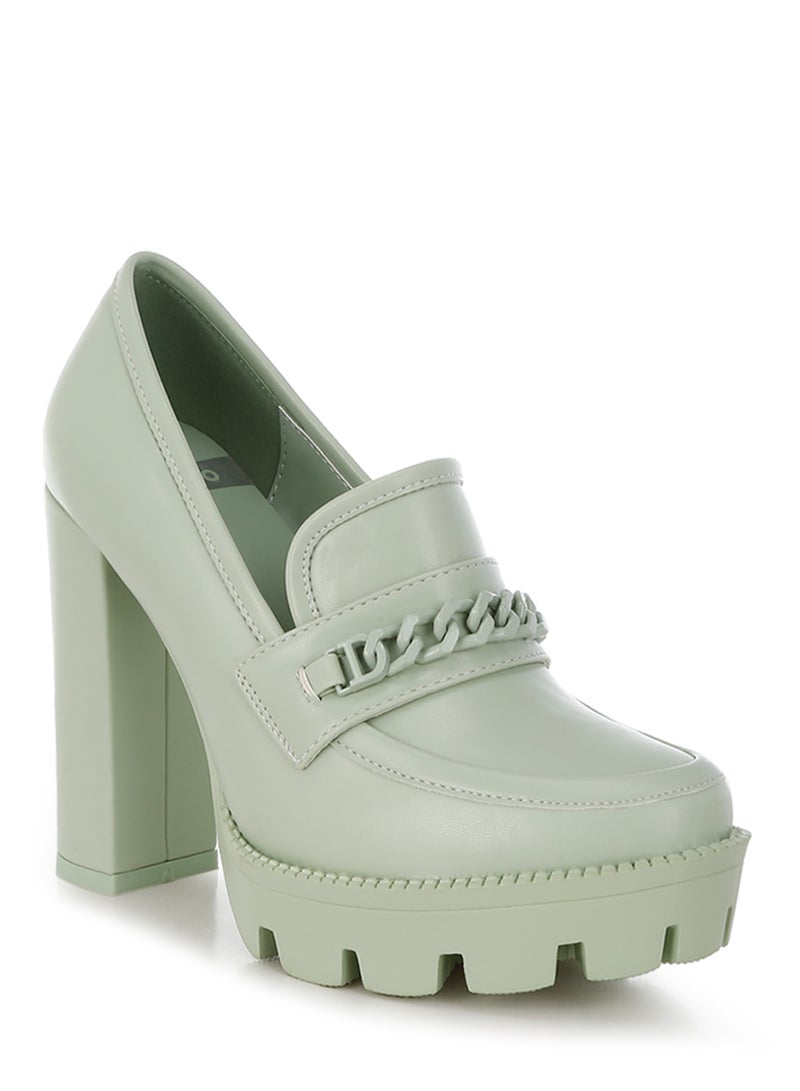 لندن راج حذاء لوفر نسائي من لندن راغ بكعب سميك وسلسلة معدنية باللون الأخضر - Image 2