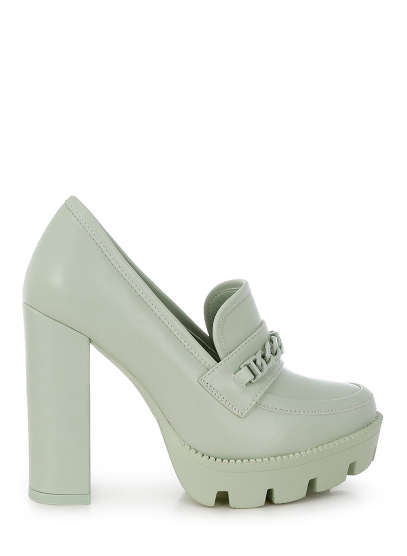 لندن راج حذاء لوفر نسائي من لندن راغ بكعب سميك وسلسلة معدنية باللون الأخضر - Image 1