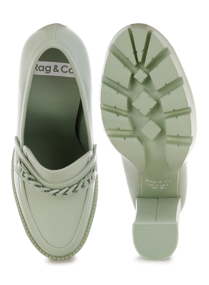 لندن راج حذاء لوفر نسائي من لندن راغ بكعب سميك وسلسلة معدنية باللون الأخضر - Image 4