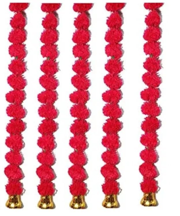Madhulica Creations Artificial Genda Phool for Decoration Flowers for Decoration Garland with Bell for Diwali & Festivals, Red Pack of 2pcs