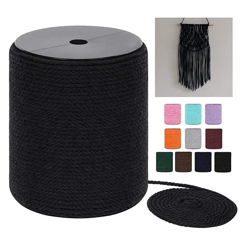 Macrame Cord 3mm x 328Yards984Feet Colored Natural Cotton Macrame Rope 3 Strands Twisted Colorful Macrame Cotton Cord for Wall Hanging Plant Hangers Gift Wrapping and Wedding Decorations Black