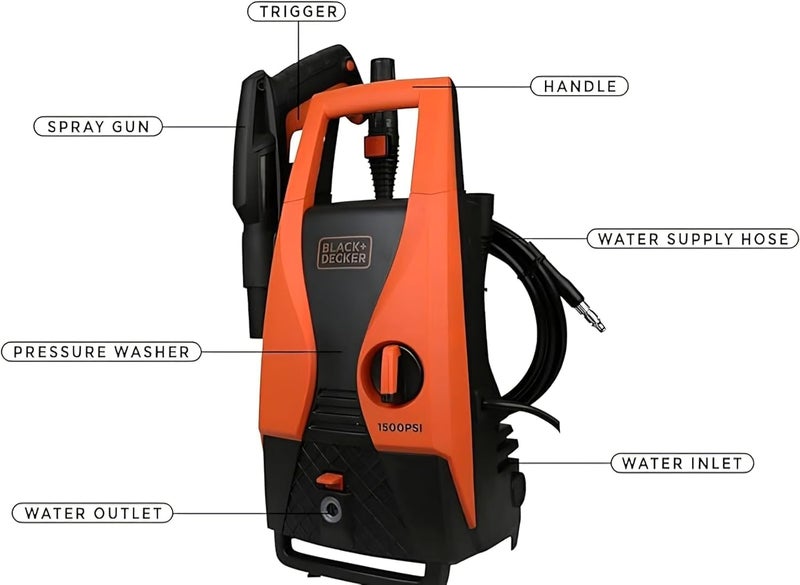 بلاك اند ديكر غسالة ضغط BLACK+DECKER، قوة 1400 واط، ضغط أقصى 1512 رطل لكل بوصة مربعة (105 بار)، خفيفة الوزن، تعمل بنظام التشغيل الذاتي، تتضمن ملحقات، تصميم أنيق، صديقة للبيئة، لون أرجواني/أسود - PW1450TD-B5 - Image 2