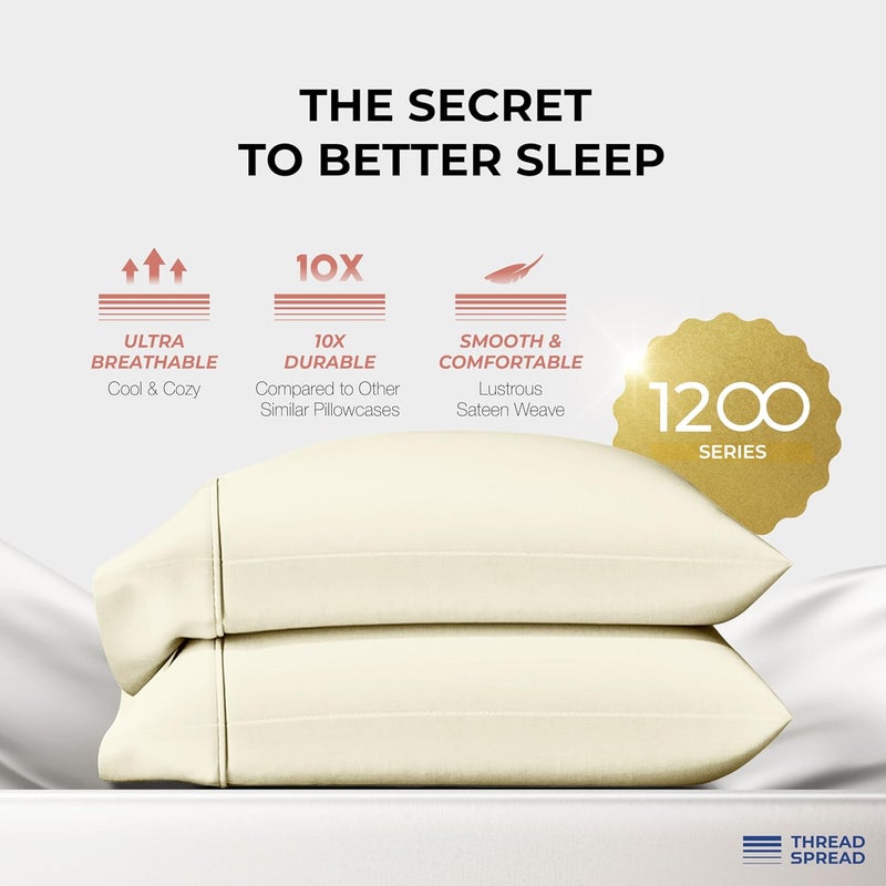 THREAD SPREAD 100% Egyptian Cotton Pillow Cases Standard/Queen Size Set of 2 - Luxury 1200 Thread Count Sateen Ivory Pillow Cases, Silky Soft Cotton Pillowcases Fits Standard & Queen Size Pillows - Image 5