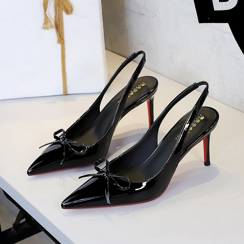 1362-1 Style Banquet Bowknot Patent Leather Pointed Toe Shallow Mouth Single Shoes For Women, Elegant And Fashionable With Back Strap And Thin Heels - Image 4