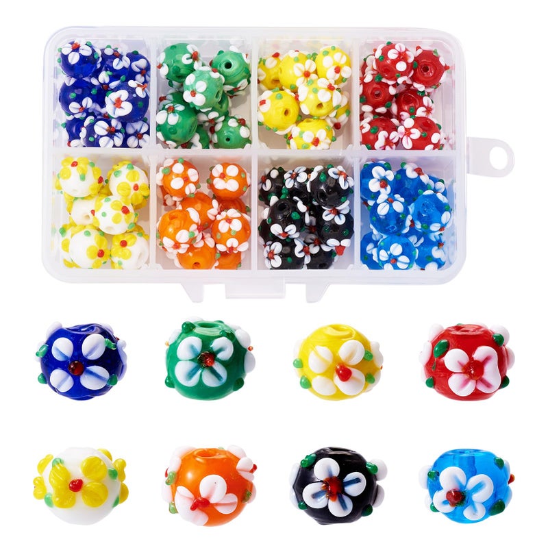 Craftdady 80pcs Handmade Bumpy Lampwork Glass Beads 8 Colors Rondelle Round with Flower Loose Spacer Beads 1112mm for Bracelet Necklace Jewelry Crafts Making
