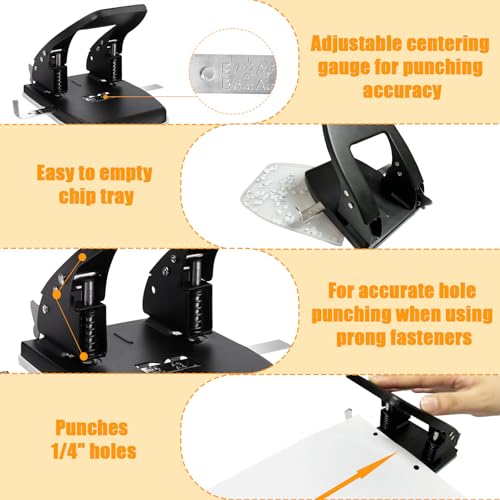 Ysglory 2 Hole Punch with 100 Prong Paper Fastener Heavy Duty Paper Two Hole Punchers for Paper File Folder Binder, Padded Handle, 30 Sheet Capacity, Black - Image 4