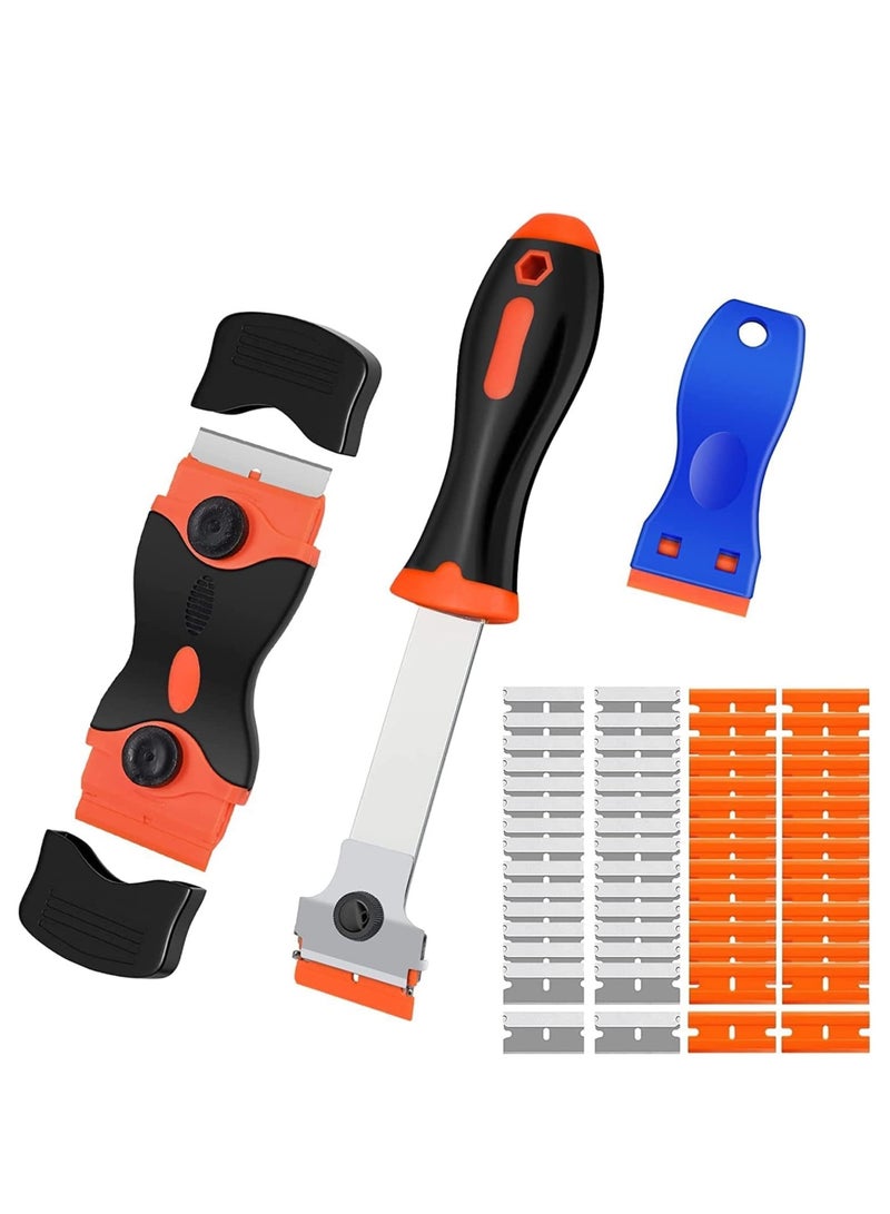 3 Pack Razor Blade Scraper Tool with 50 Plastic and 30 Metal Blades Ideal for Removing Labels Tint and Grease from Windshields Appliances and Glass Surfaces - Image 1