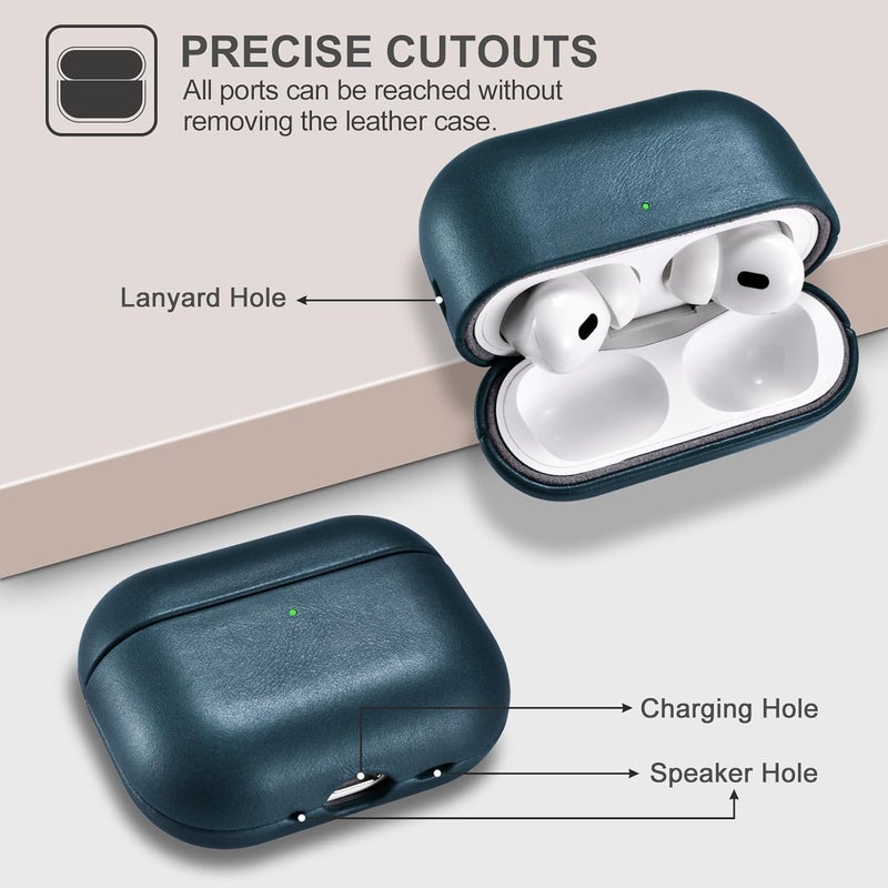 آيكيرير غطاء جلدي لـ AirPods Pro 3 2025، غطاء واقي ضد الصدمات من الجلد الطبيعي الممتاز لعلبة شحن سماعات Apple AirPods Pro 3 (LED مرئي) يدعم الشحن اللاسلكي - أزرق - Image 4