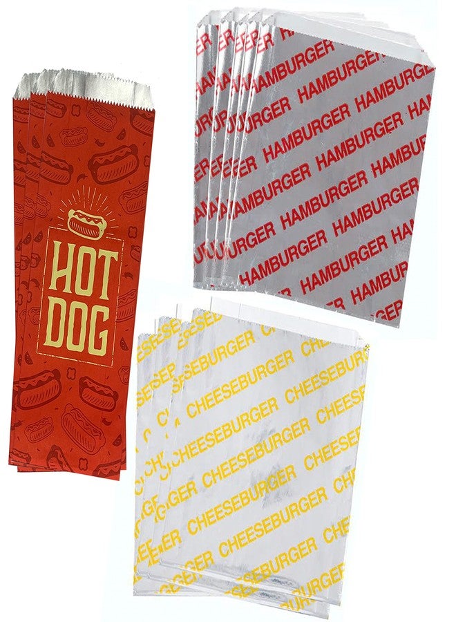 Outside the Box Papers Printed Foil Hamburger, Cheeseburger and Hot Dog Sacks 24 Each of Hamburger and Cheeseburger and 48 Hot Dog Bags Silver, Red, Yellow - Image 1