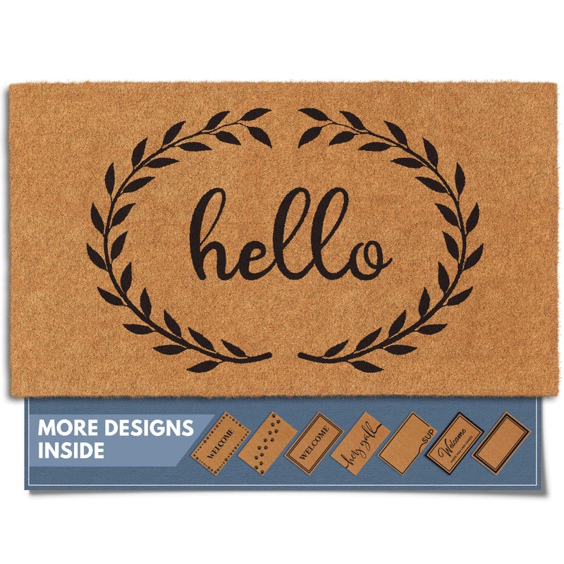 Barnyard Designs Natural Coco Coir Heavy Duty Backing Doormat - Large Cute Non-Slip Front Door Welcome Mat for Outside Entrance or Porch Entry, Brown (17x30, Hello Wreath) - Image 1