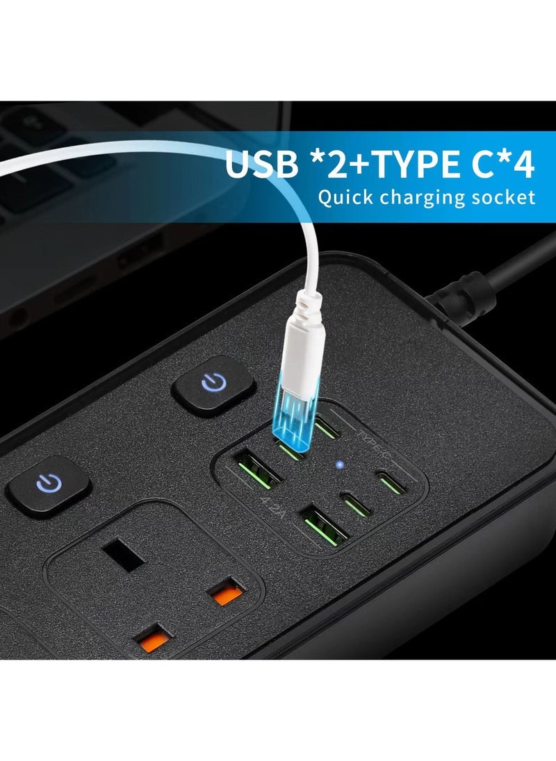 Captaintech Power Strips Extension Cord 4 Sockets Universal Plug Adapter with 4 USB C & 2 USB A Ports Surge Protector Charging Socket with 1.8M Bold Extension Cord (Black)  - Image 3