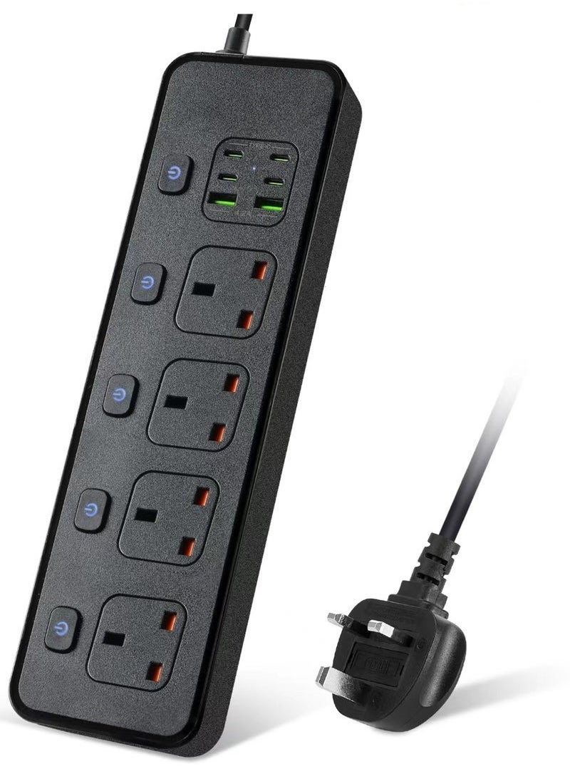 Captaintech Power Strips Extension Cord 4 Sockets Universal Plug Adapter with 4 USB C & 2 USB A Ports Surge Protector Charging Socket with 1.8M Bold Extension Cord (Black)  - Image 1
