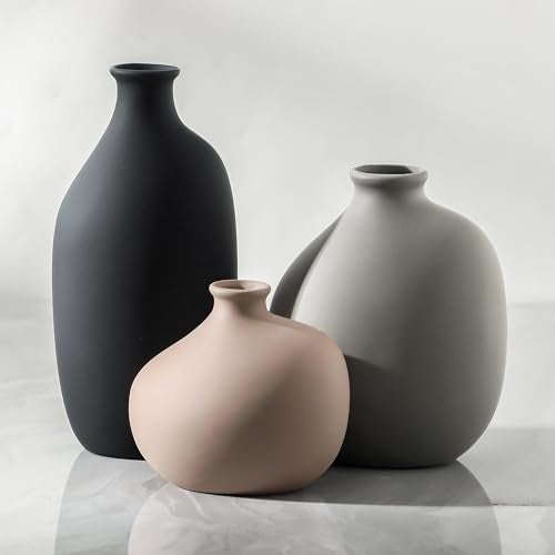 Enra Ceramic Vase Set of 3 Small Modern Rustic Pottery Vases for Home DecorFarmhouse Flower Vase for Pampas Grass Dried or Fresh Flowers Decorative Vases for Living Room Bedroom Bookshelf or Table - Image 1