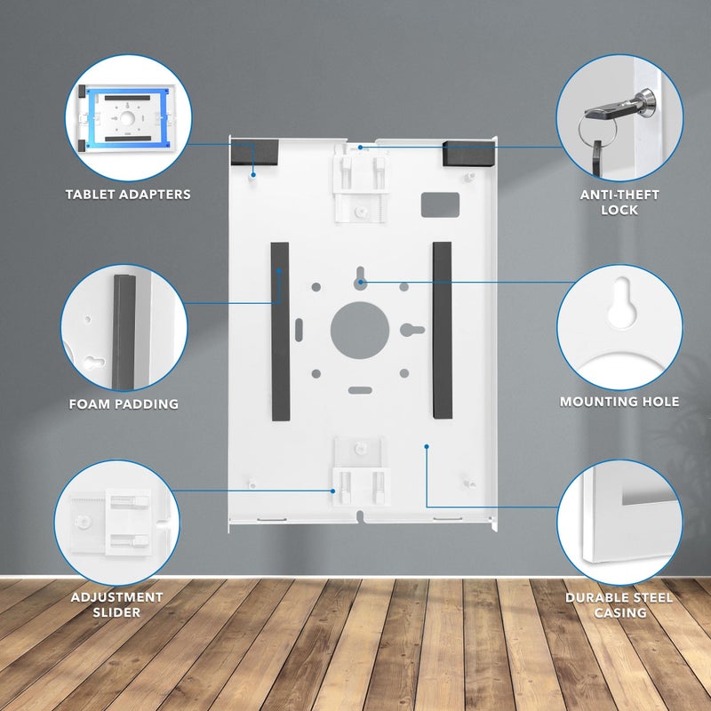 Mount-It! Anti-Theft iPad Kiosk Wall Mount, Lockable Low-Profile Steel Enclosure Compatible with iPad Gen 7â€“11 (A16), Pro & Air, 75x75 VESA Flush Tablet Mount, White - Image 5