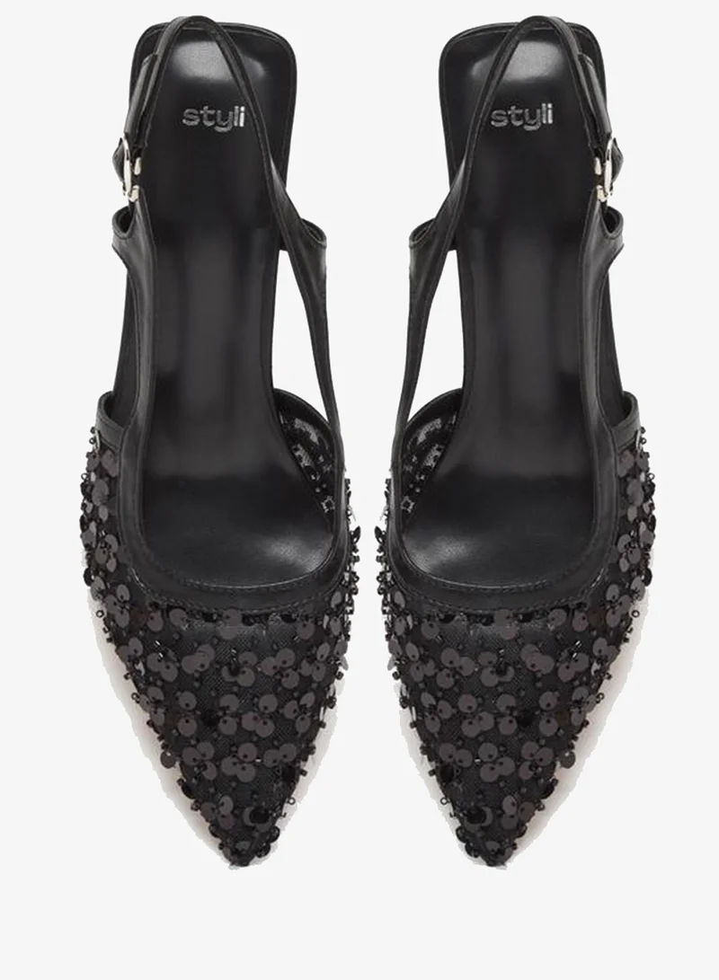 Styli  Women Black Sequin Slingback Kitten Heels Shoes for Women | Best Price UAE