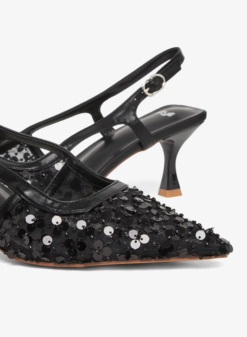 ستايلي حذاء نسائي بكعب صغير وسير خلفي مزين بالترتر