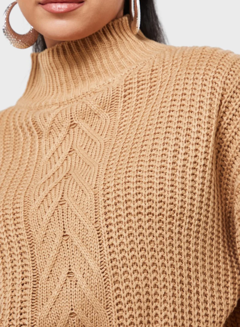 Ginger Cable Knit High Neck Cropped Sweater