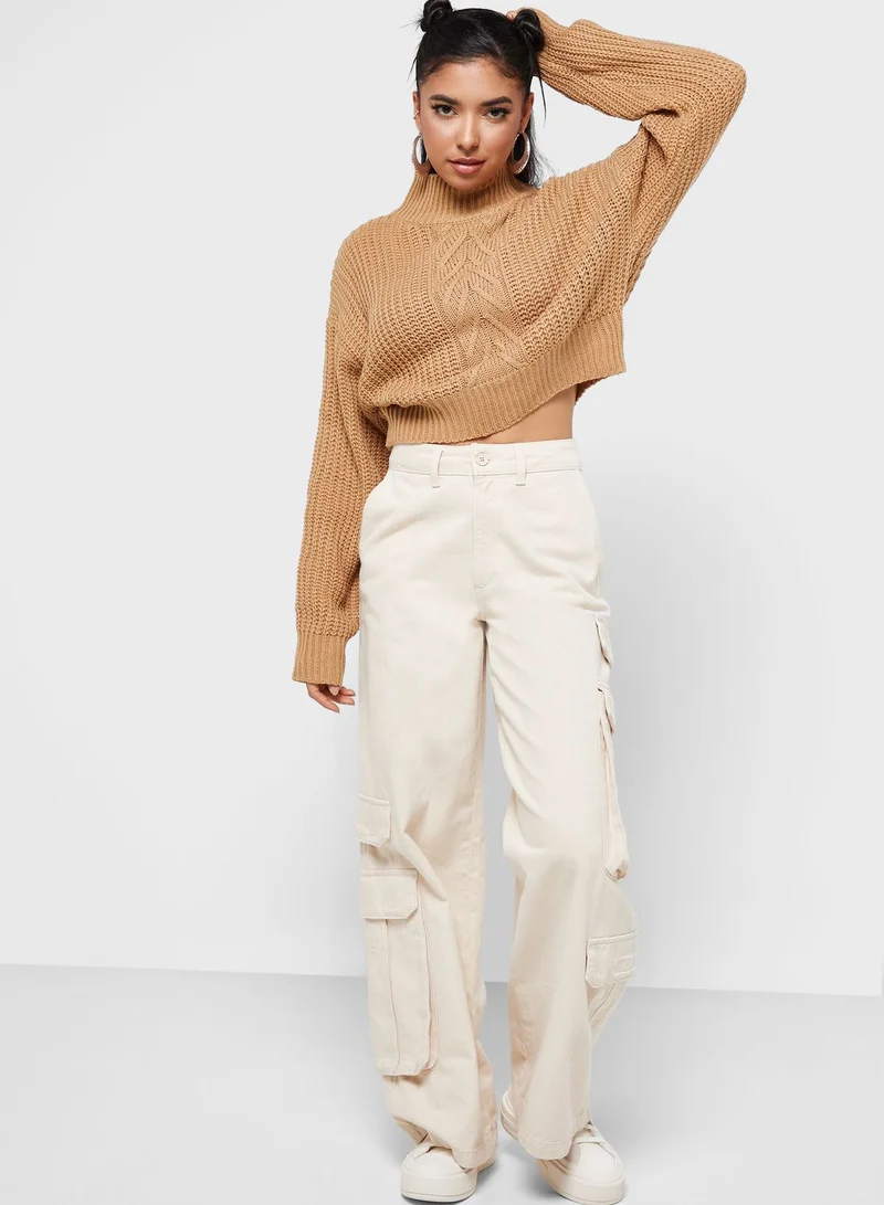 Ginger Cable Knit High Neck Cropped Sweater