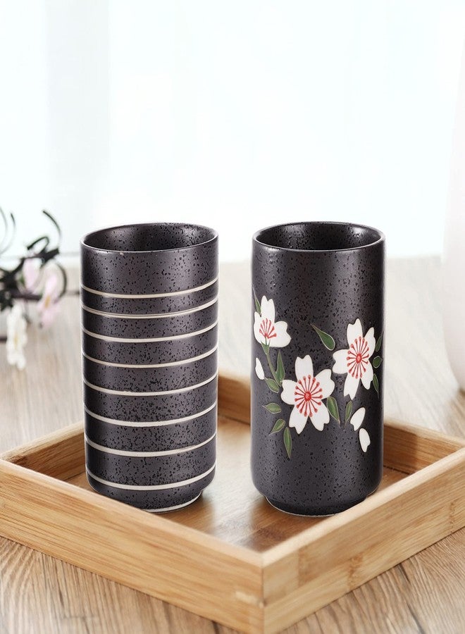 Hedume Set of 2 Japanese Tea Cups, 10oz Ceramic Teacup Mug, Japanese Cherry Blossoms and Line Design Ceramic Tea Cups Set for Green Tea, Matcha Tea, Bancha - Image 3