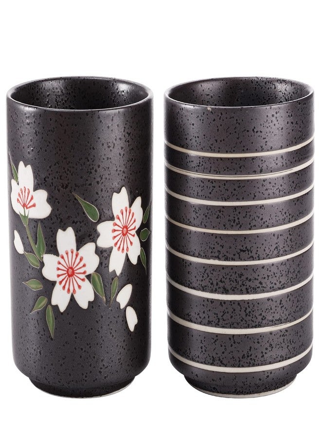 Hedume Set of 2 Japanese Tea Cups, 10oz Ceramic Teacup Mug, Japanese Cherry Blossoms and Line Design Ceramic Tea Cups Set for Green Tea, Matcha Tea, Bancha - Image 1