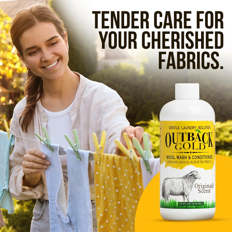 Desert Breeze Distributing Outback Gold Wool Wash, 16 oz, Original Floral Scent, Plant Based, HE Compatible, Liquid Laundry Detergent, Perfect Soap for Wool, Cashmere, Silk, Sheepskin, Baby Items, Mild, Neutral pH, Made in USA - Image 5