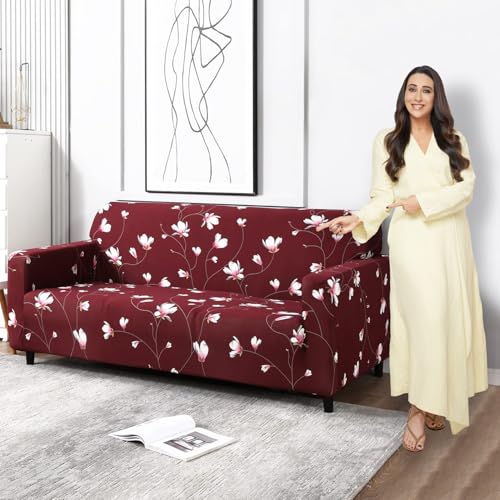 HOKIPO Stretchable Elastic Cover for Sofa 1 Seater, Wine Red Flowers (NEW2-AR-4093-D11) - Image 1