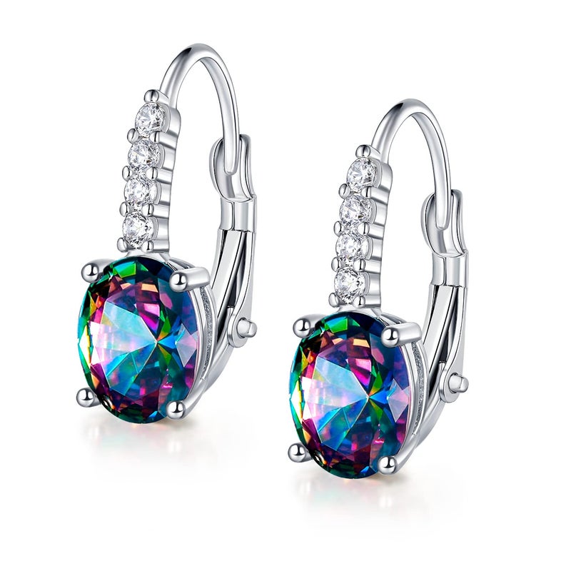 VOLUKA Women Created Rainbow Mystic Leverback Earrings 18K White Gold Plated Halo CZ Dangle Earrings Drop Hypoallergenic Jewelry Christams Gift for Her - Image 1