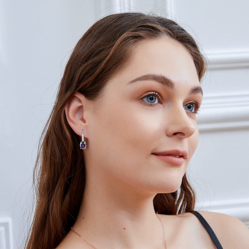 VOLUKA Women Created Rainbow Mystic Leverback Earrings 18K White Gold Plated Halo CZ Dangle Earrings Drop Hypoallergenic Jewelry Christams Gift for Her - Image 2