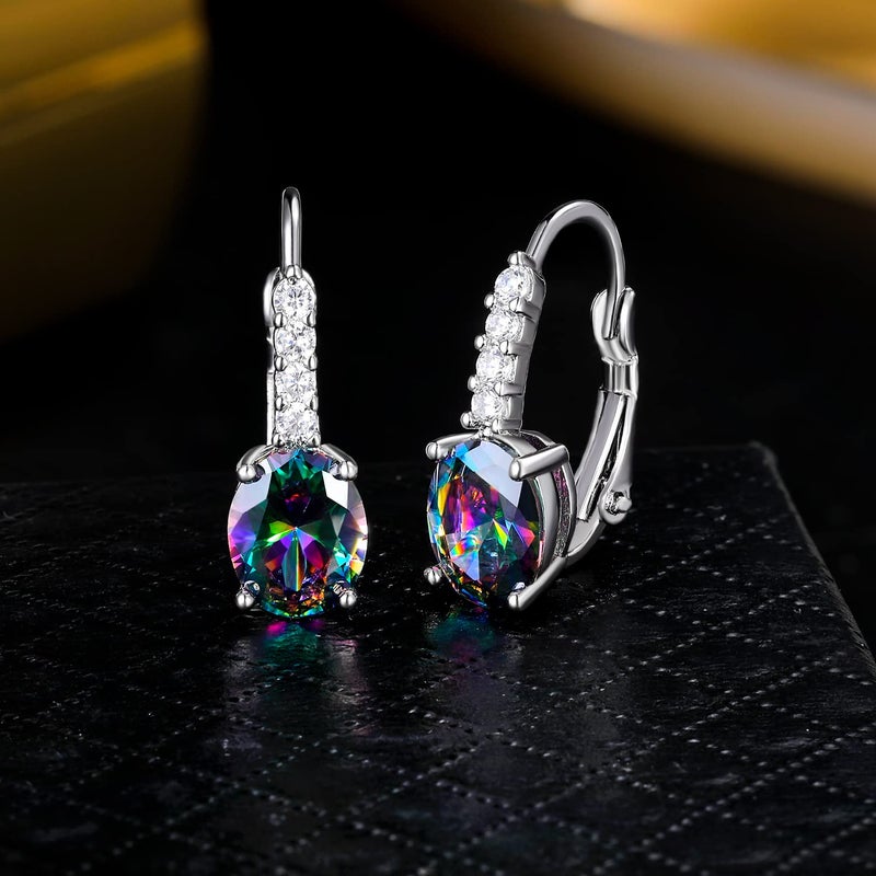 VOLUKA Women Created Rainbow Mystic Leverback Earrings 18K White Gold Plated Halo CZ Dangle Earrings Drop Hypoallergenic Jewelry Christams Gift for Her - Image 4
