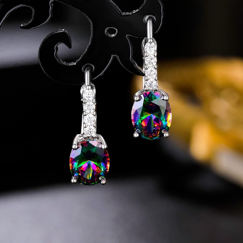 VOLUKA Women Created Rainbow Mystic Leverback Earrings 18K White Gold Plated Halo CZ Dangle Earrings Drop Hypoallergenic Jewelry Christams Gift for Her - Image 5