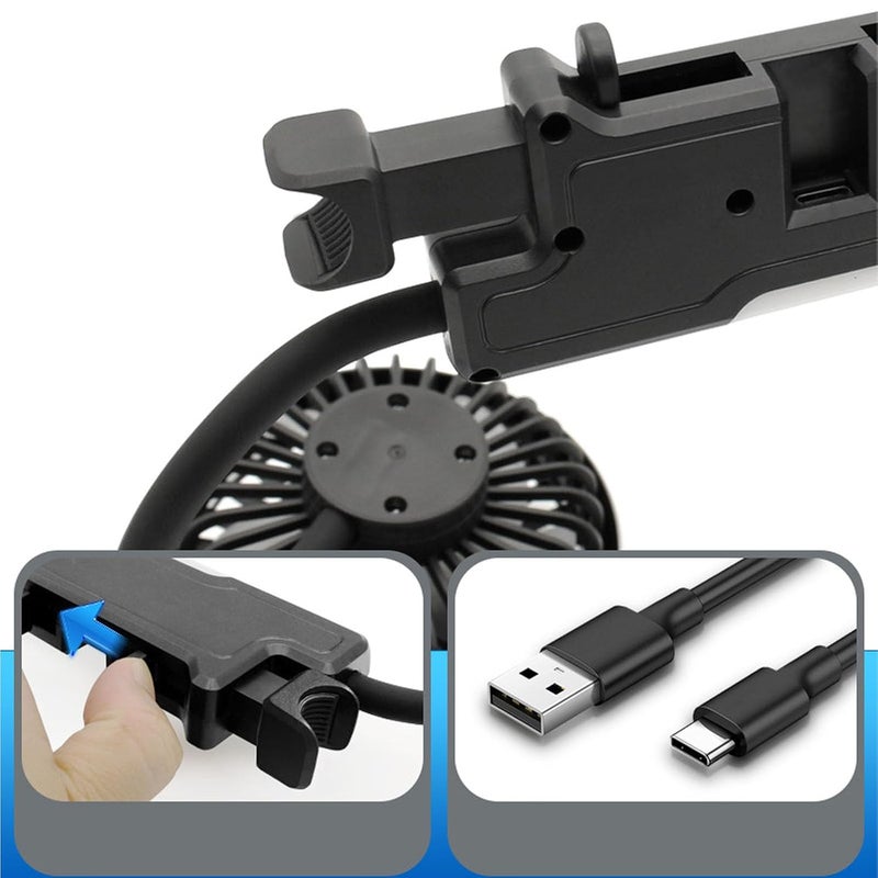 مروحة السيارة، مروحة سيارة USB بثلاث سرعات، مروحة سيارة كهربائية بمروحة مزدوجة الرأس ورقبة قابلة للانحناء، مروحة تبريد للسيارة قابلة للدوران 360 درجة، مروحة مسند رأس سيارة تعمل بتيار مستمر 5 فولت للسيارات السيدان والشاحنات وسيارات الدفع الرباعي والعربات المنزلية. - Image 4