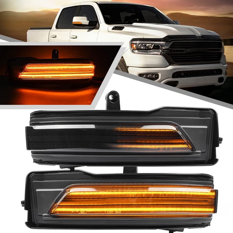 2Pcs Amber Sequential Blink Dynamic LED Side Mirror Marker Lights for Dodge Ram 1500 20192024 Blinker Indicator Turn Signal Light Smoked Lens
