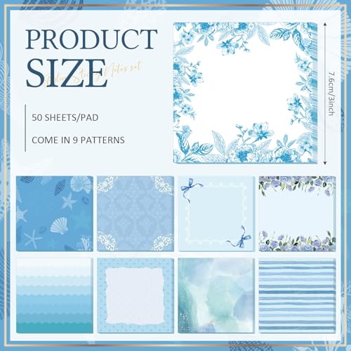 Saypacck 9 Pcs Aesthetic Sticky Notes Cute Pastel Self Stick Notepads Easy to Post Desk Supplies for Home Office Decor School Accessories Women Birthday Coworker Gifts(Blue) - Image 3