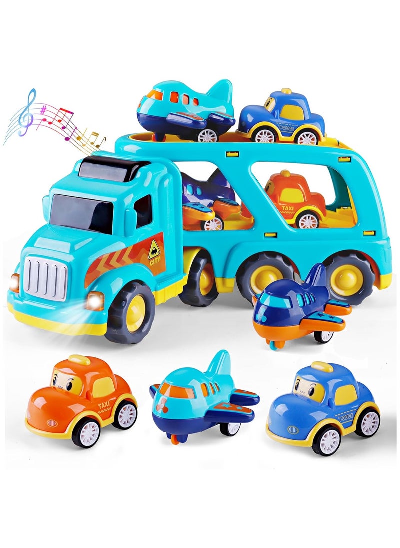 5 in 1 Toys Cars for 3 4 5 6 Years Old Toddlers Boys Girls Gifts, Transport Truck Toys with Sound & Light, Cute Pull Back Cars Vehicle Carrier Truck Set for Kids Birthday Christmas  - Image 1
